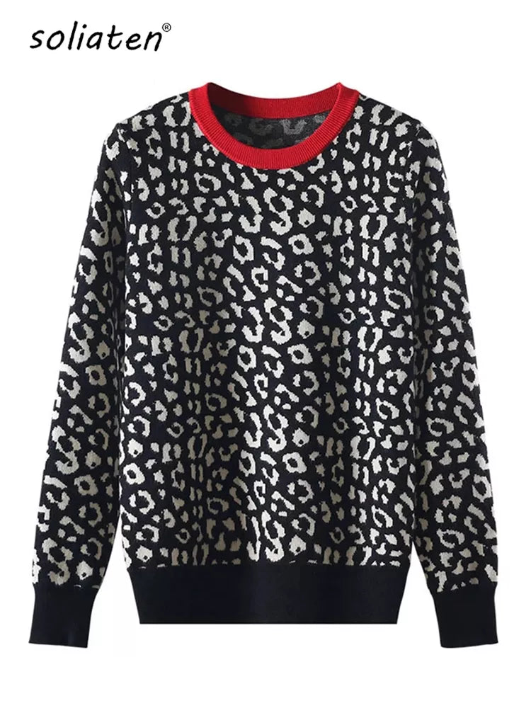 Women's Leopard Print Crewneck Jumper – Contrast Colour Knit Pullover