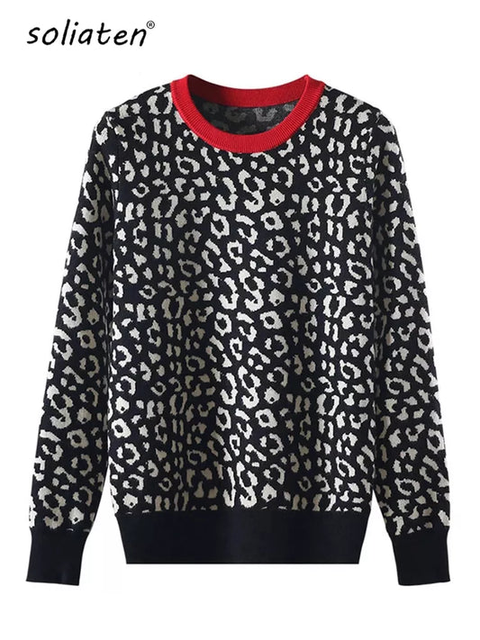 Women's Leopard Print Crewneck Jumper – Contrast Colour Knit Pullover
