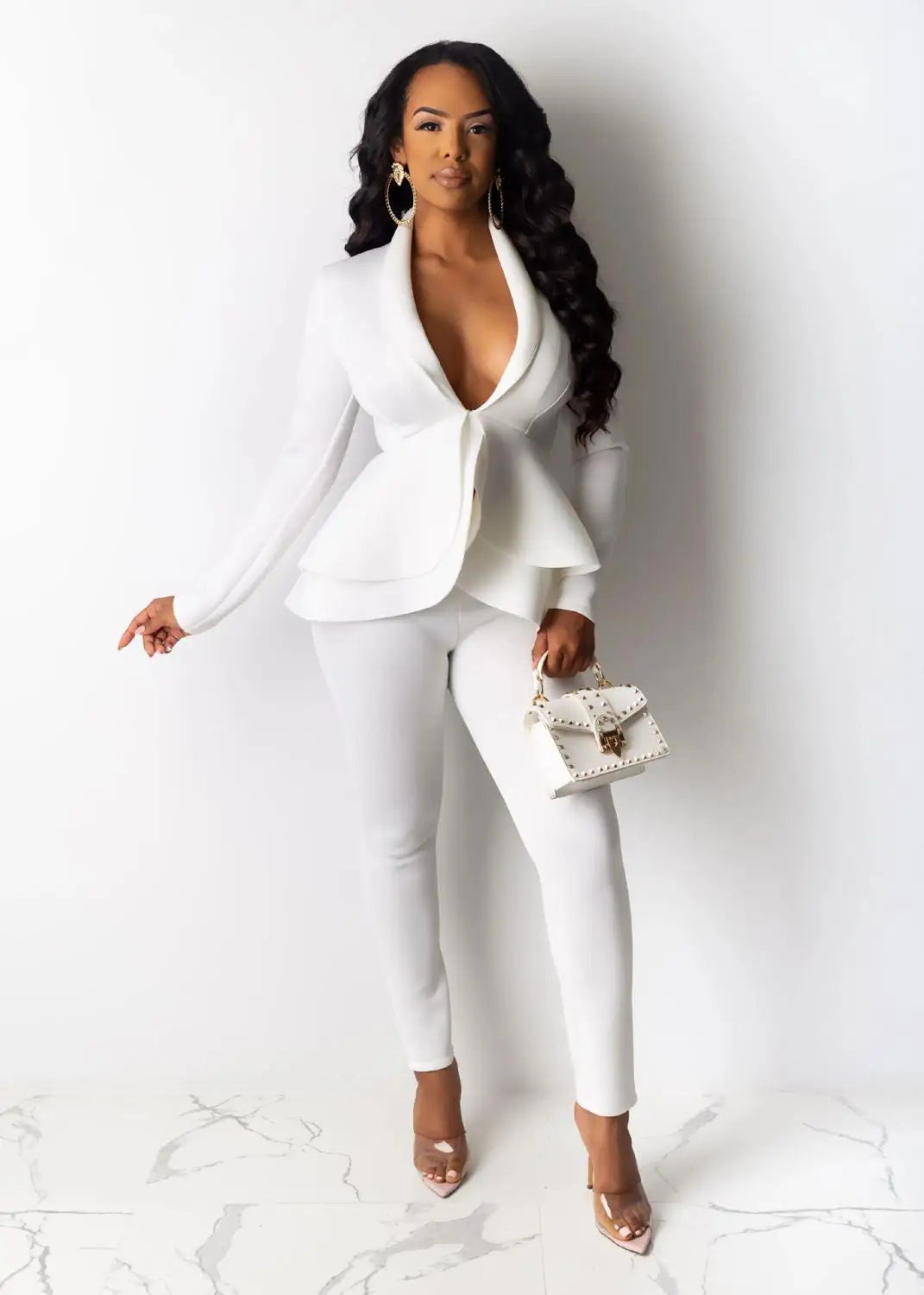 Women's Ruffle Blazer & Pencil Trousers Set – Smart Office Two-Piece