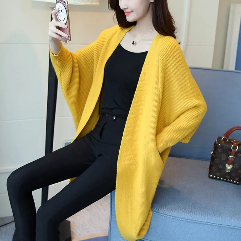 Women's Long Batwing Sleeve Cardigan – Loose Knit Open-Front Jacket