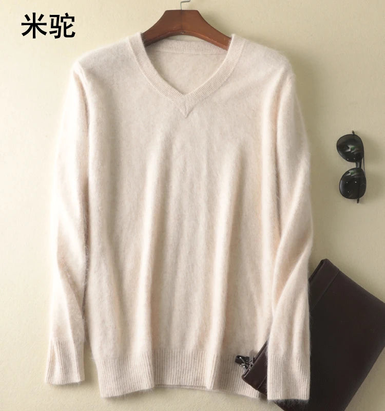Men's Mink Cashmere V-Neck Jumper – Luxury Thick Winter Knit Pullover