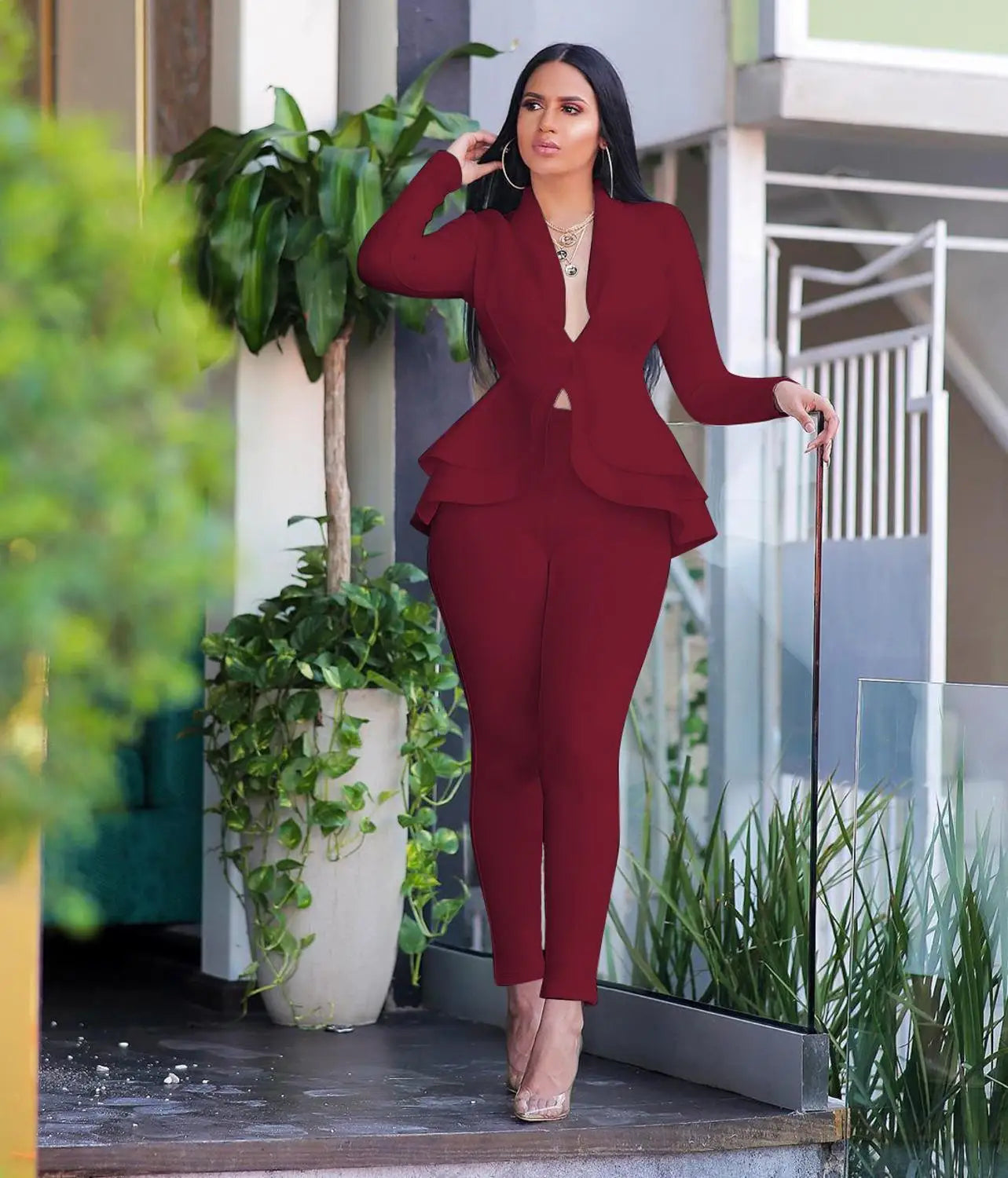 Women's Ruffle Blazer & Pencil Trousers Set – Smart Office Two-Piece