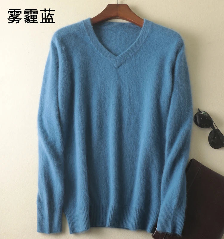 Men's Mink Cashmere V-Neck Jumper – Luxury Thick Winter Knit Pullover
