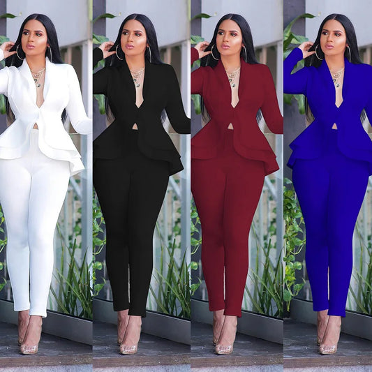 Women's Ruffle Blazer & Pencil Trousers Set – Smart Office Two-Piece