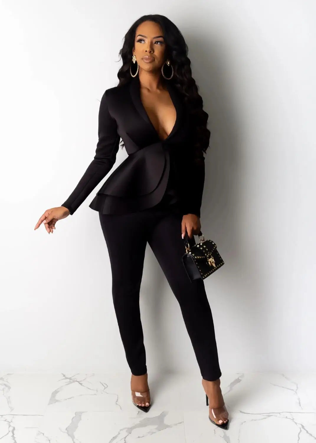 Women's Ruffle Blazer & Pencil Trousers Set – Smart Office Two-Piece