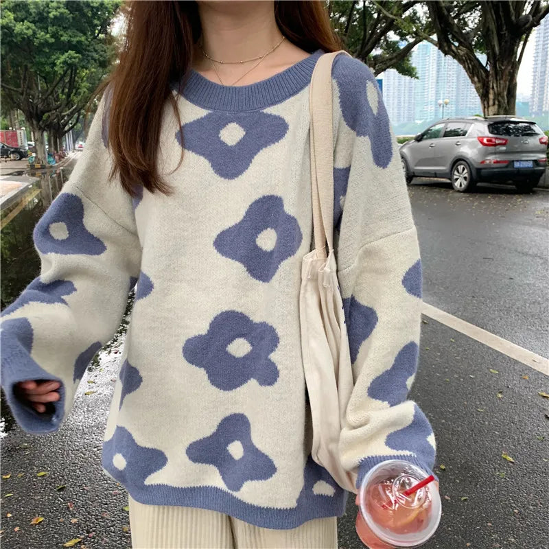 Women's Floral Oversized Pullover Jumper – Cosy Winter Knit