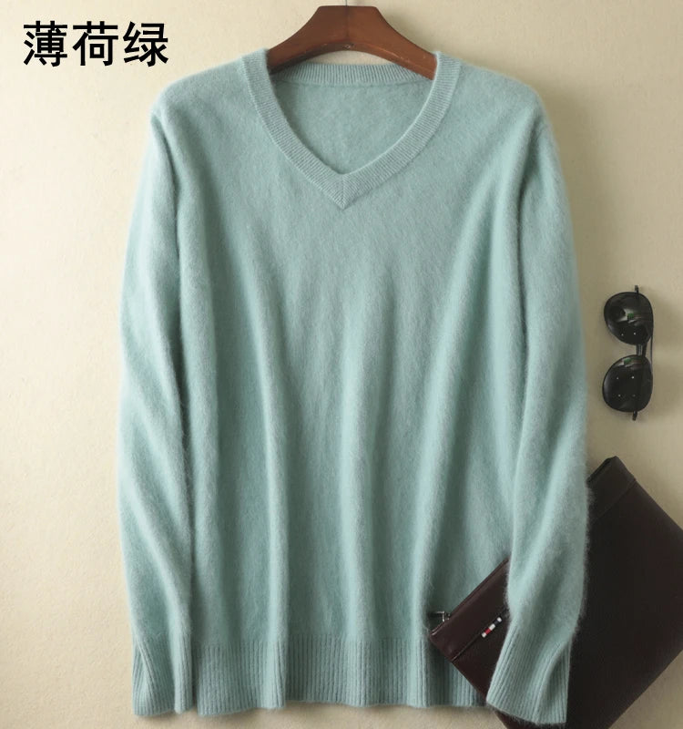 Men's Mink Cashmere V-Neck Jumper – Luxury Thick Winter Knit Pullover