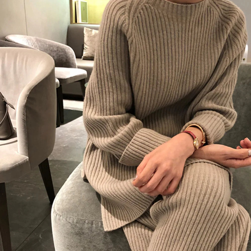Women's Knit Jumper & Wide Leg Trousers Set – Winter Two-Piece Suit