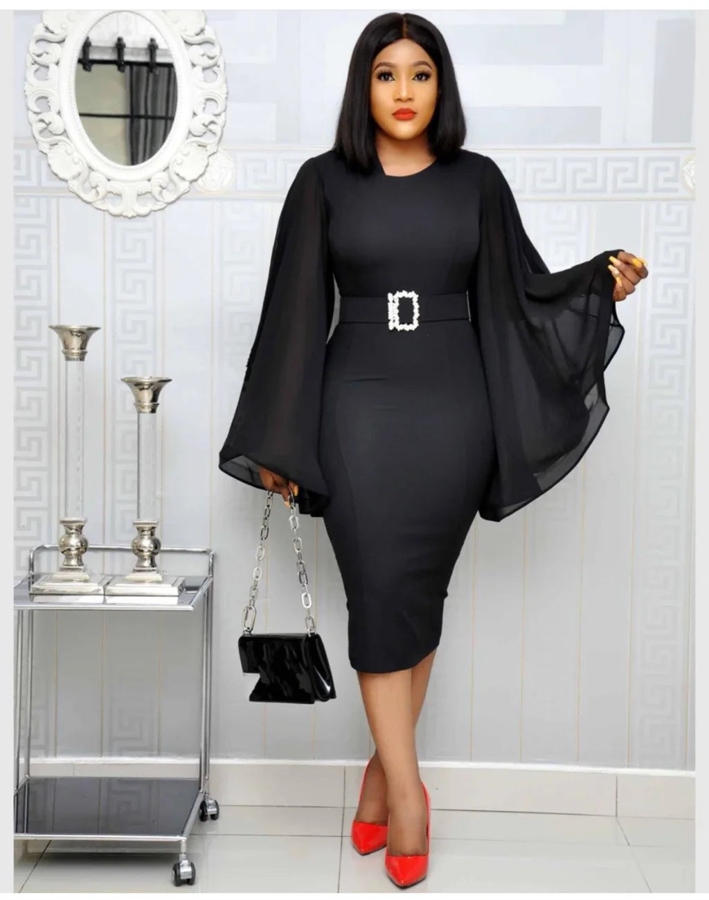Women's Chiffon Flare Sleeve Midi Dress – Elegant Office & Party Style