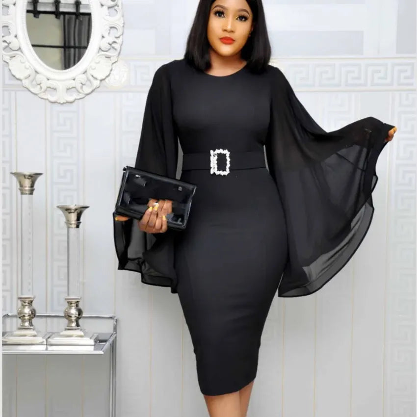 Women's Chiffon Flare Sleeve Midi Dress – Elegant Office & Party Style