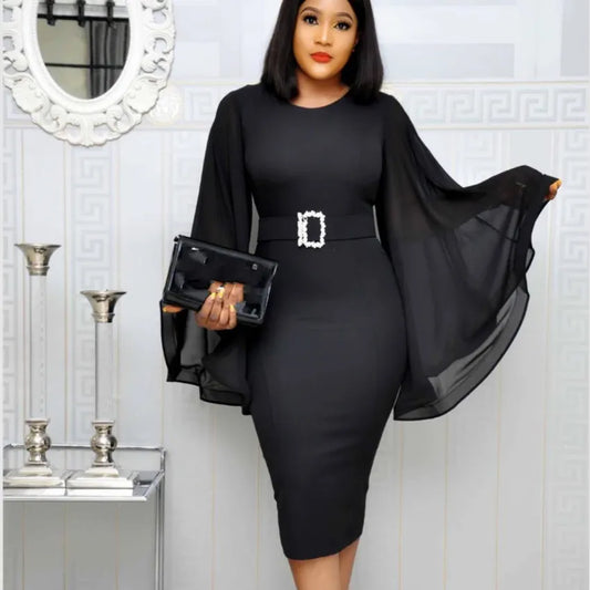 Women's Chiffon Flare Sleeve Midi Dress – Elegant Office & Party Style