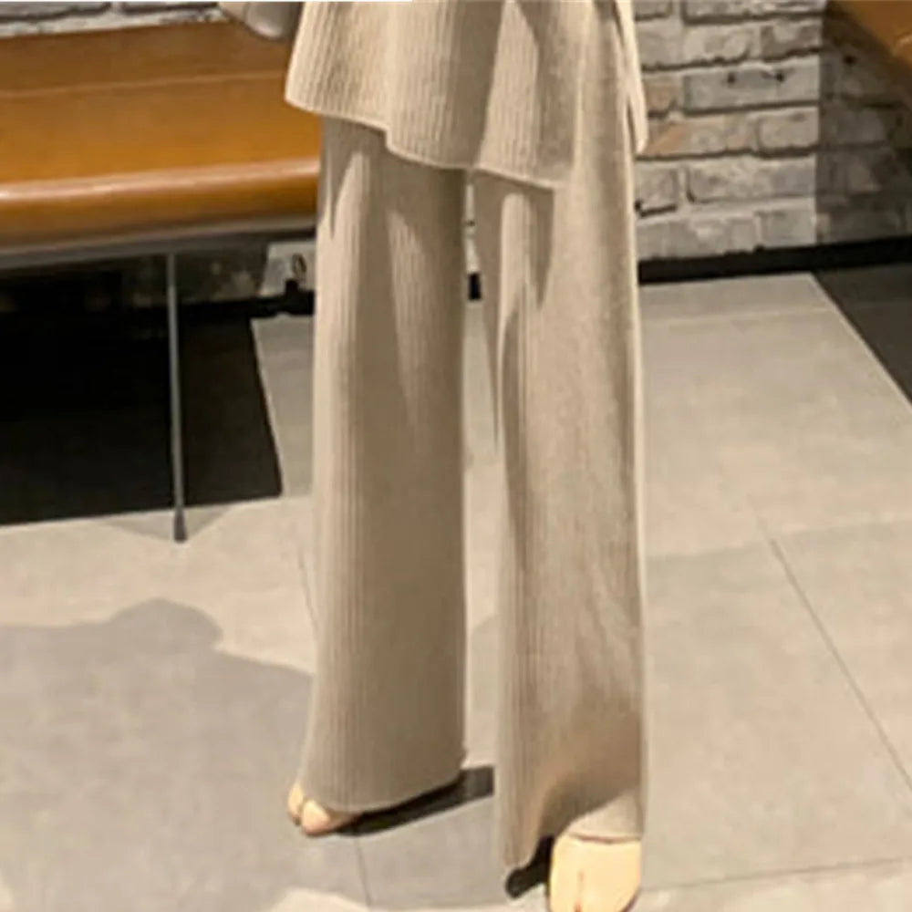 Women's Knit Jumper & Wide Leg Trousers Set – Winter Two-Piece Suit