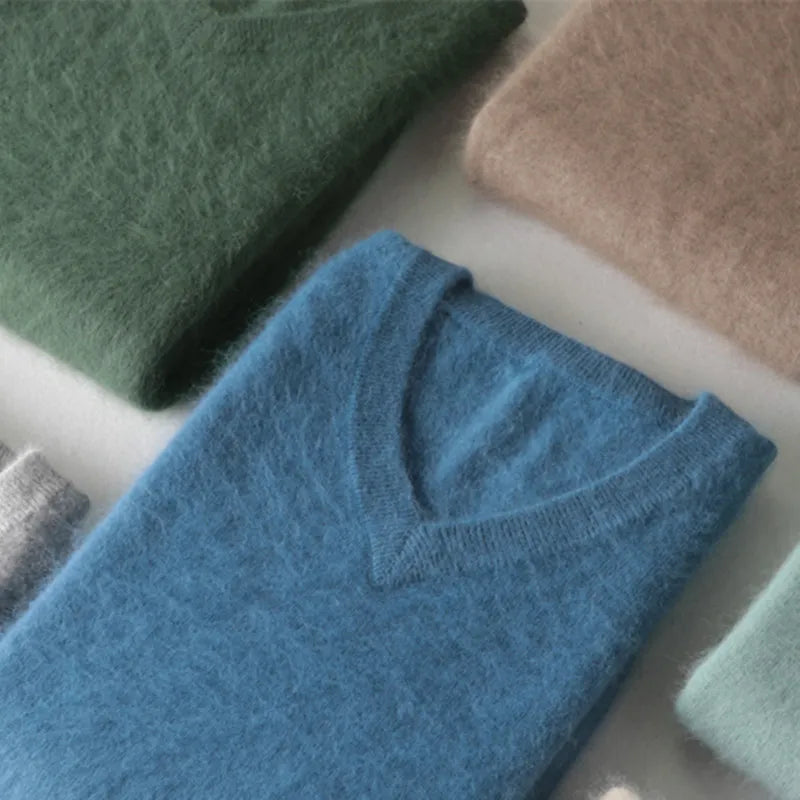 Men's Mink Cashmere V-Neck Jumper – Luxury Thick Winter Knit Pullover