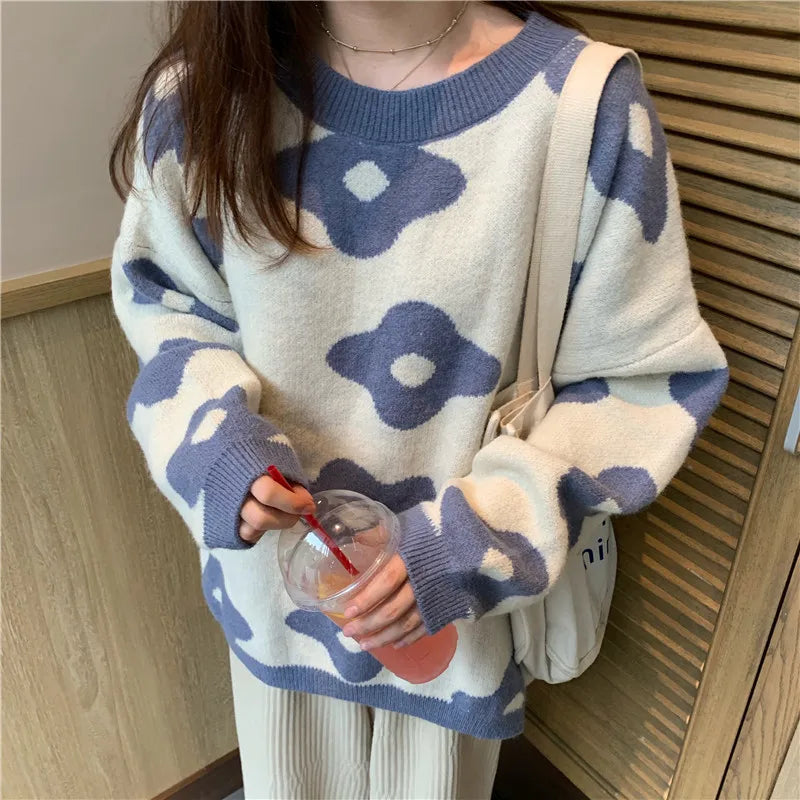 Women's Floral Oversized Pullover Jumper – Cosy Winter Knit