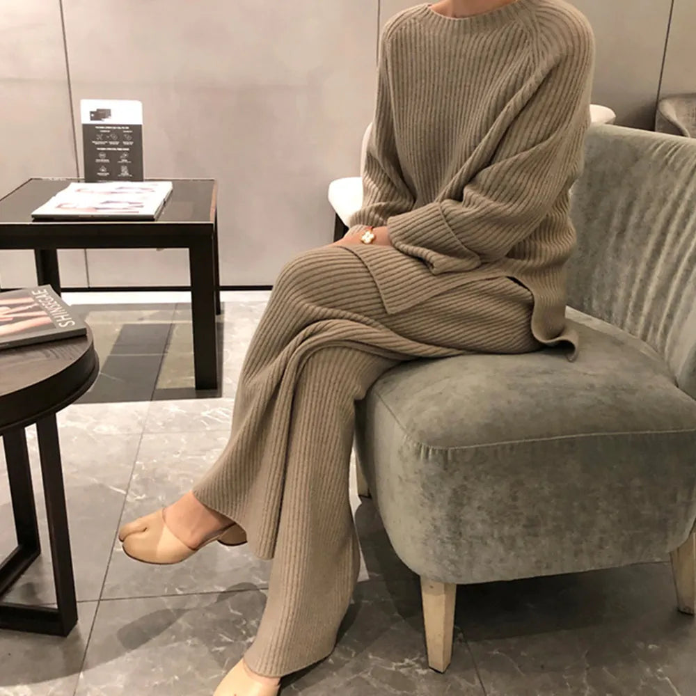 Women's Knit Jumper & Wide Leg Trousers Set – Winter Two-Piece Suit