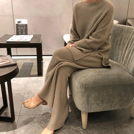 Women's Knit Jumper & Wide Leg Trousers Set – Winter Two-Piece Suit
