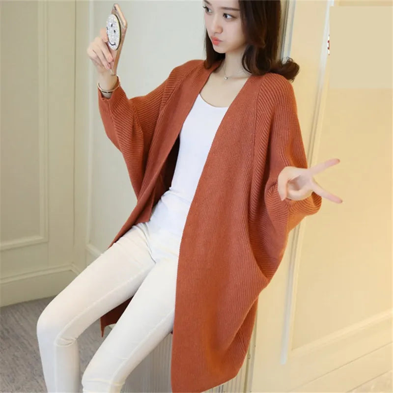 Women's Long Batwing Sleeve Cardigan – Loose Knit Open-Front Jacket