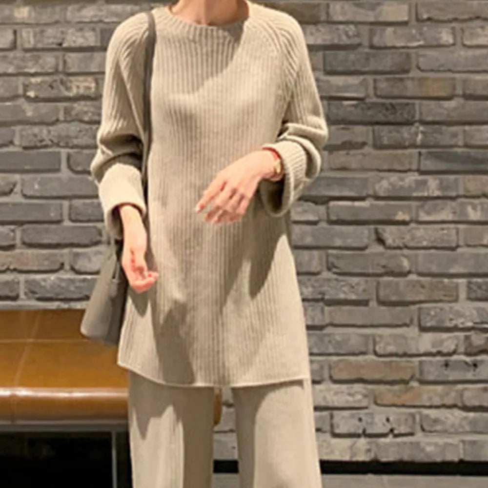 Women's Knit Jumper & Wide Leg Trousers Set – Winter Two-Piece Suit