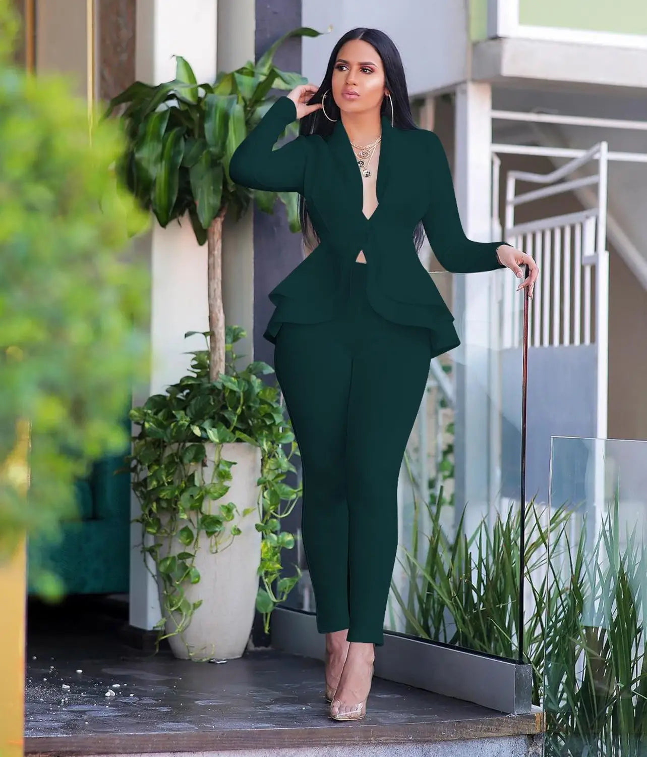 Women's Ruffle Blazer & Pencil Trousers Set – Smart Office Two-Piece