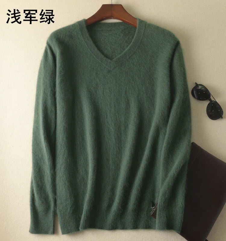Men's Mink Cashmere V-Neck Jumper – Luxury Thick Winter Knit Pullover