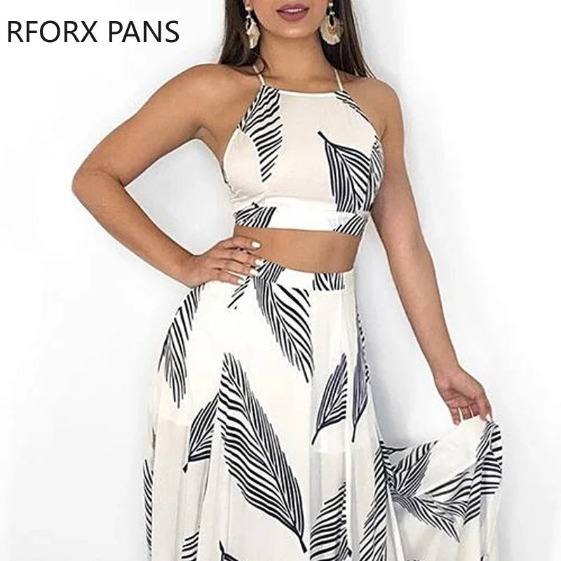 Women's Leaf Print Backless Cami Top & Split Maxi Skirt Set