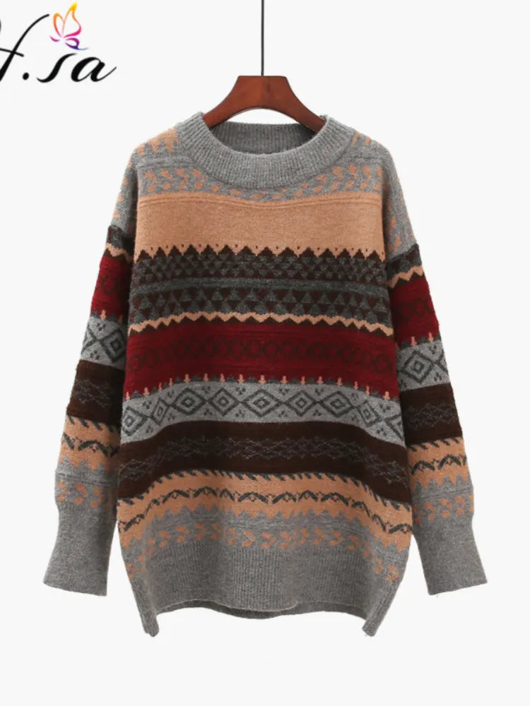 Women's Argyle Knit Jumper – Loose Fit Striped Pullover Sweater