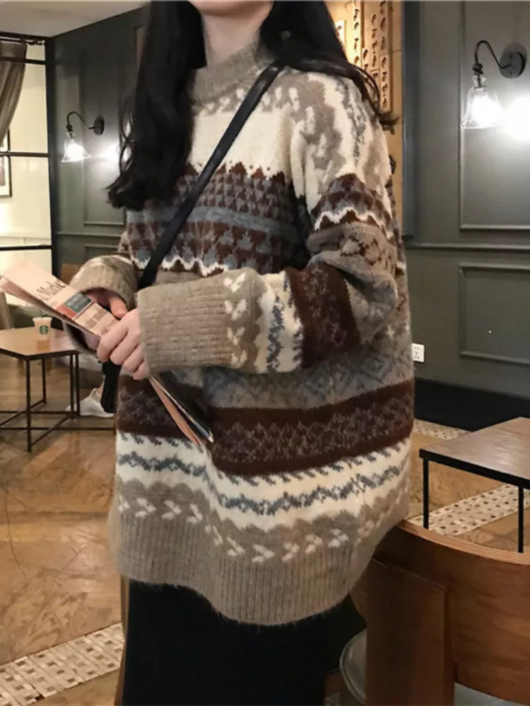 Women's Argyle Knit Jumper – Loose Fit Striped Pullover Sweater