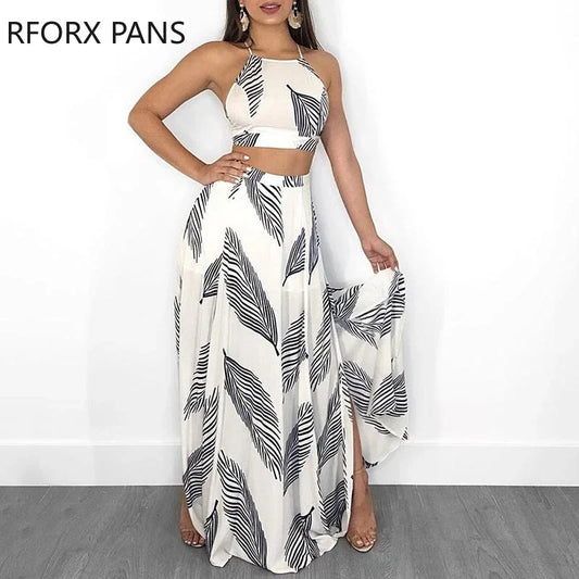 Women's Leaf Print Backless Cami Top & Split Maxi Skirt Set