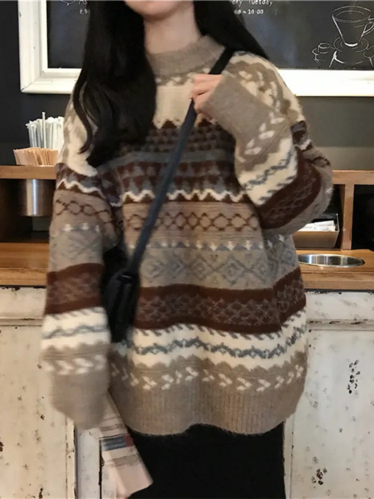 Women's Argyle Knit Jumper – Loose Fit Striped Pullover Sweater