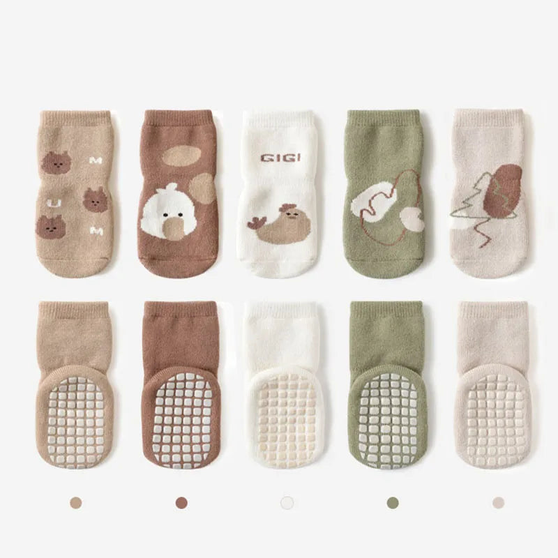 Baby & Toddler Anti-Slip Floor Socks – 5 Pairs, Cartoon Print, Ages 0–5