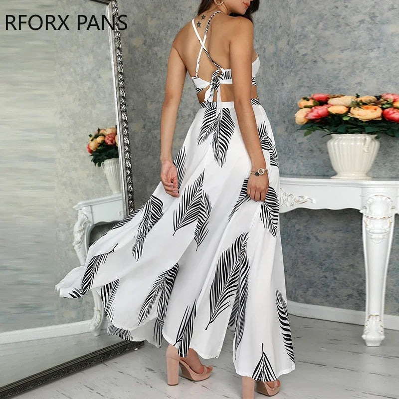 Women's Leaf Print Backless Cami Top & Split Maxi Skirt Set