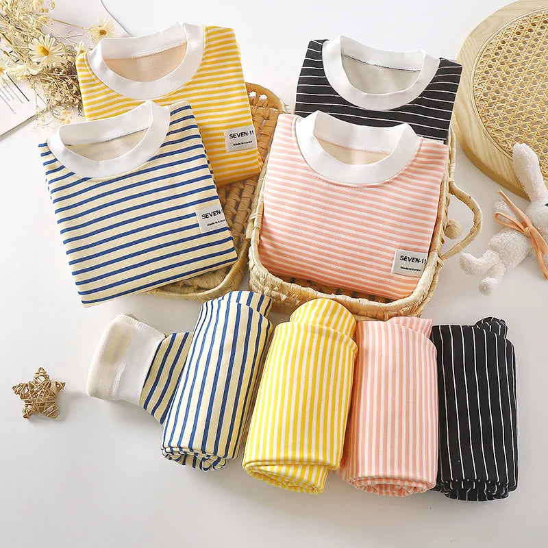 Children's Striped Plush Pyjama Set – Warm Top & Trousers, Ages 0–5