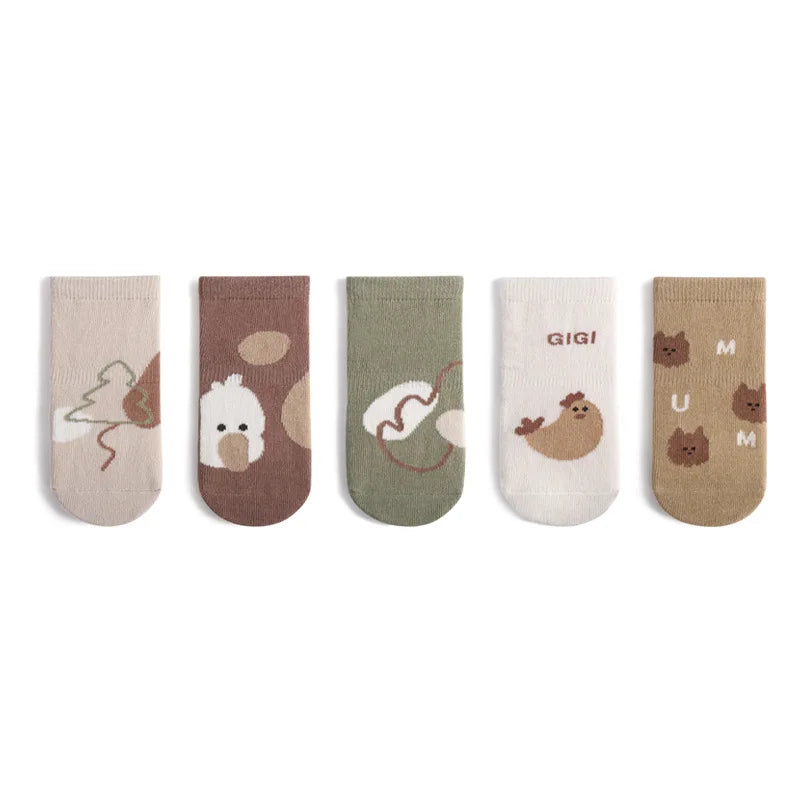 Baby & Toddler Anti-Slip Floor Socks – 5 Pairs, Cartoon Print, Ages 0–5