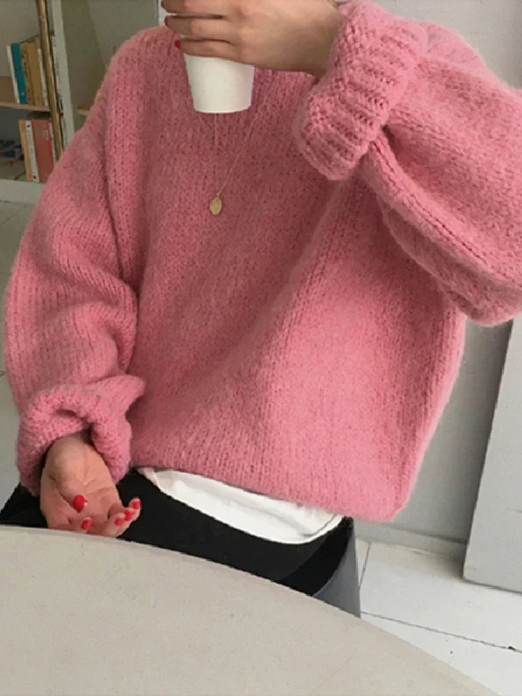Women's Oversized Puff Sleeve Knit Jumper – Thick Winter Pullover