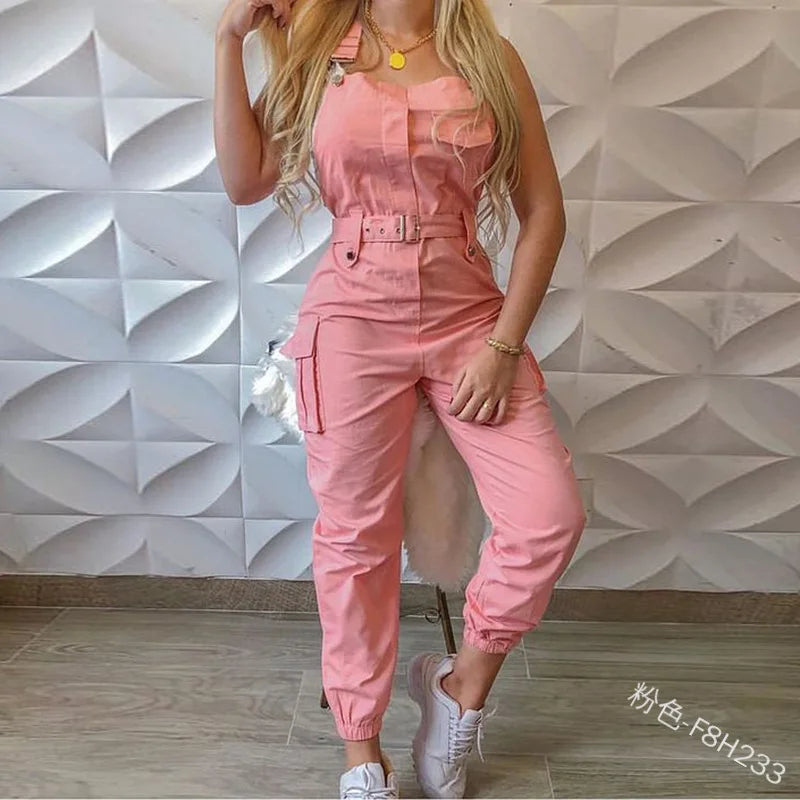 Women's Sleeveless Cargo Jumpsuit – Casual Ankle-Tie Playsuit