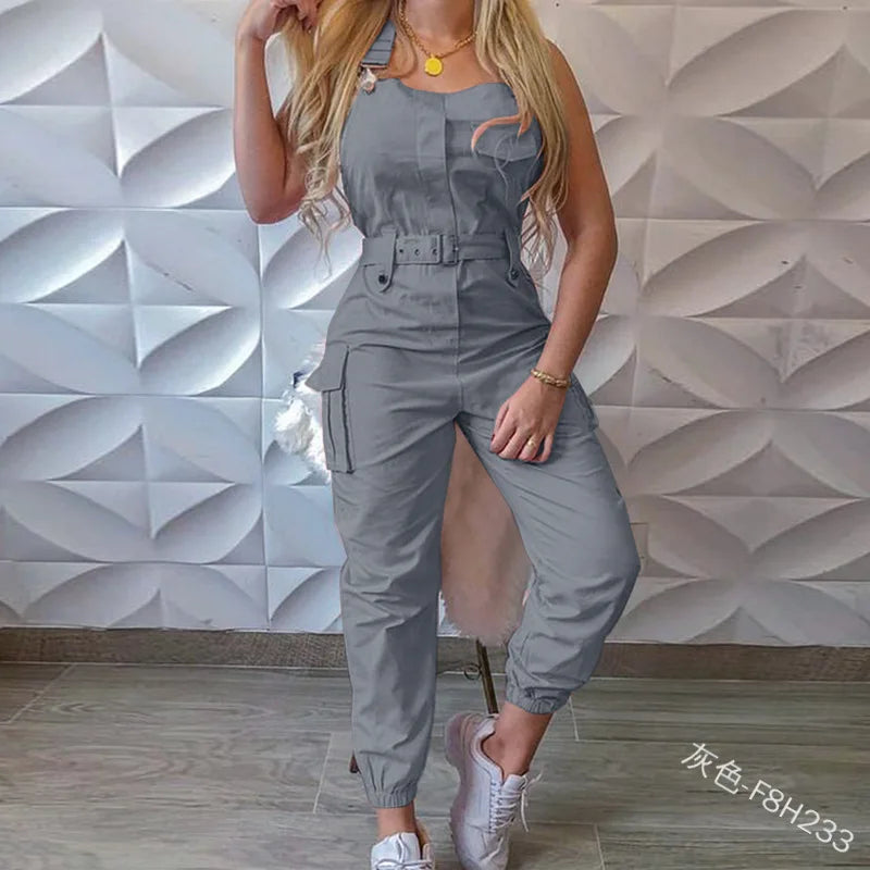 Women's Sleeveless Cargo Jumpsuit – Casual Ankle-Tie Playsuit