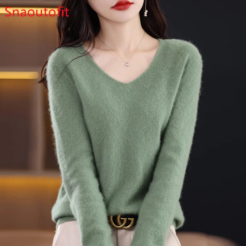 Women's 100% Wool V-Neck Jumper – Loose Fit Knit Pullover