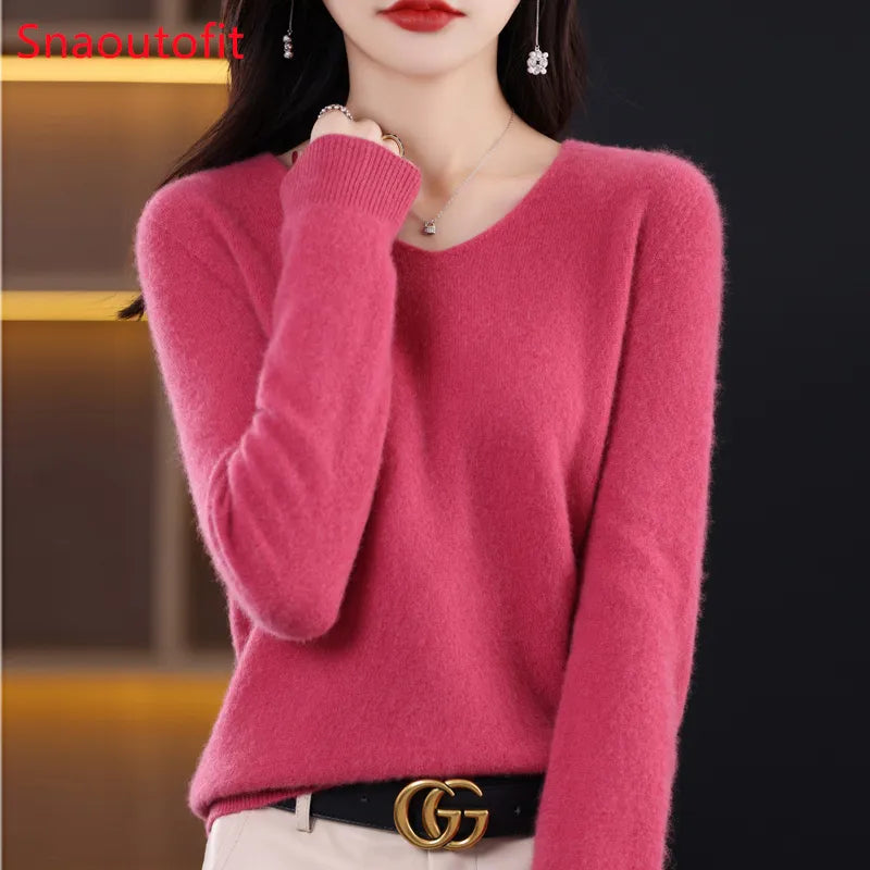 Women's 100% Wool V-Neck Jumper – Loose Fit Knit Pullover