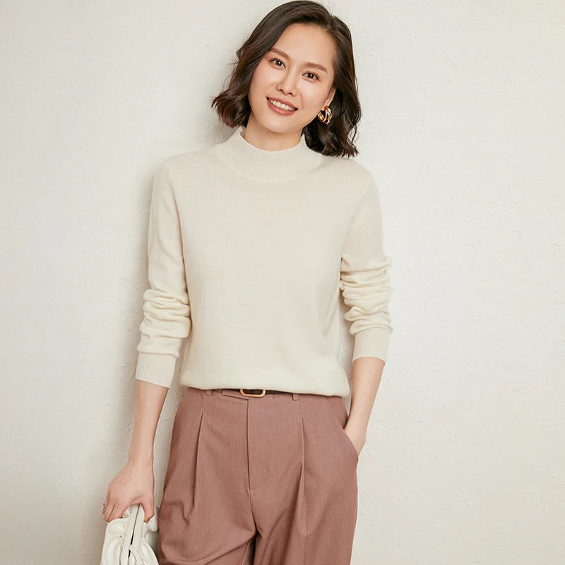 Women's Mock Neck Cashmere Blend Knit Jumper – Slim Fit Pullover