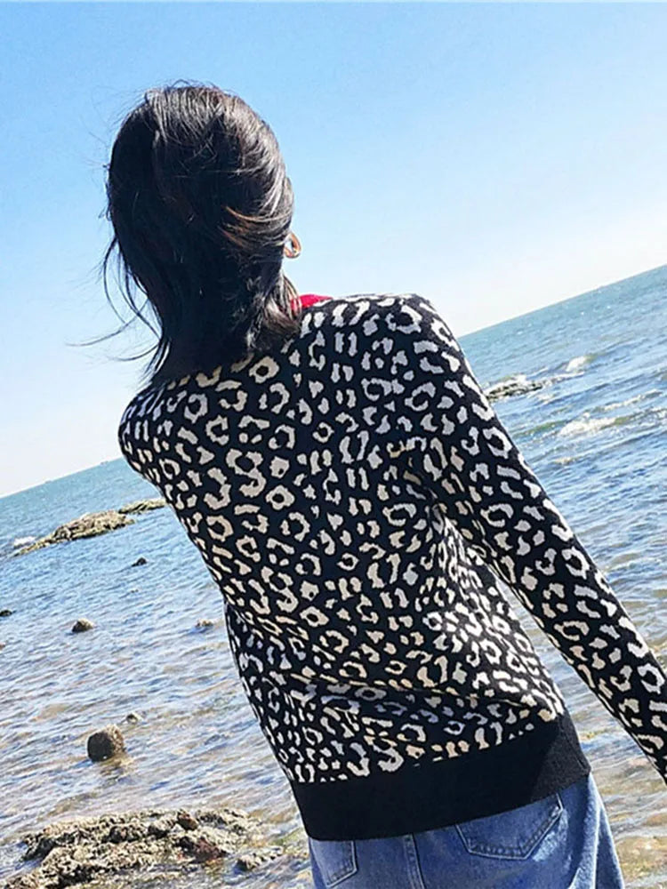 Women's Leopard Print Crewneck Jumper – Contrast Colour Knit Pullover