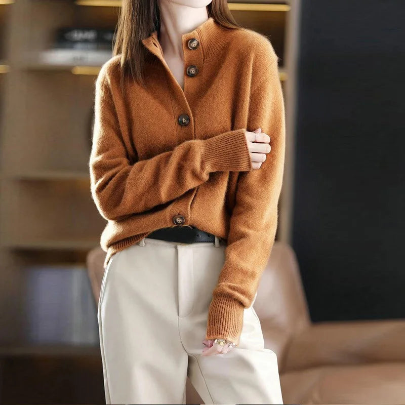 Women's Single-Breasted Knitted Cardigan – Elegant Stand Collar Jacket