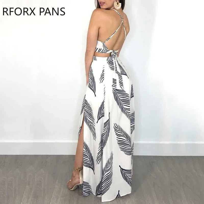 Women's Leaf Print Backless Cami Top & Split Maxi Skirt Set