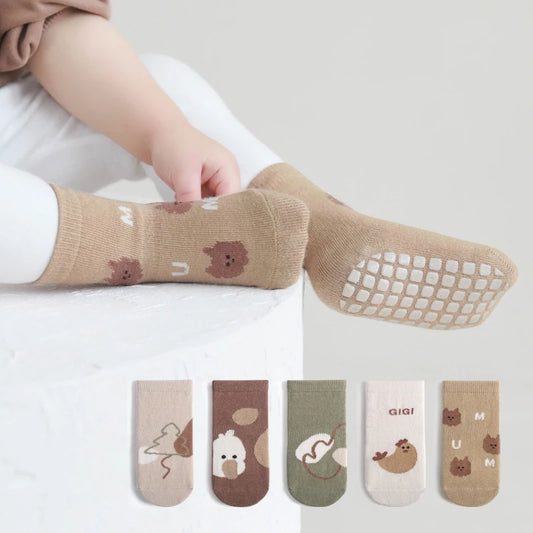 Baby & Toddler Anti-Slip Floor Socks – 5 Pairs, Cartoon Print, Ages 0–5