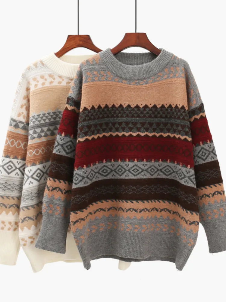 Women's Argyle Knit Jumper – Loose Fit Striped Pullover Sweater