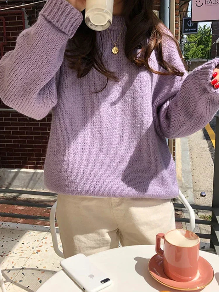 Women's Oversized Puff Sleeve Knit Jumper – Thick Winter Pullover