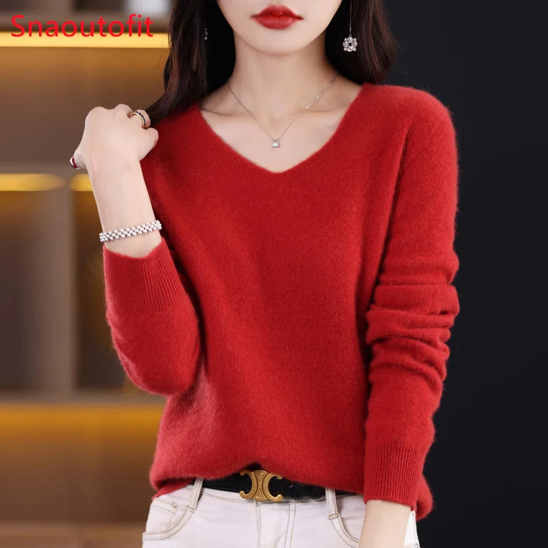 Women's 100% Wool V-Neck Jumper – Loose Fit Knit Pullover