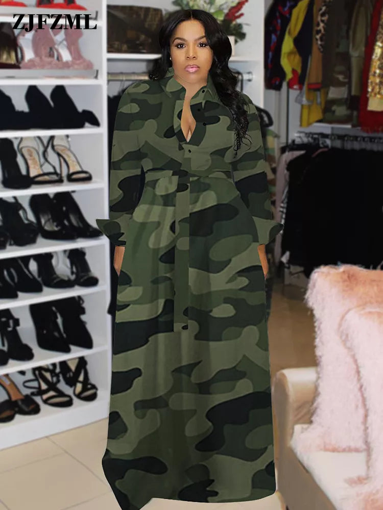Women's Camouflage Maxi Shirt Dress – Long Sleeve Button-Up