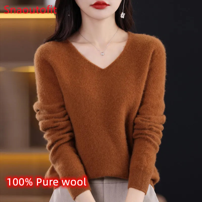 Women's 100% Wool V-Neck Jumper – Loose Fit Knit Pullover