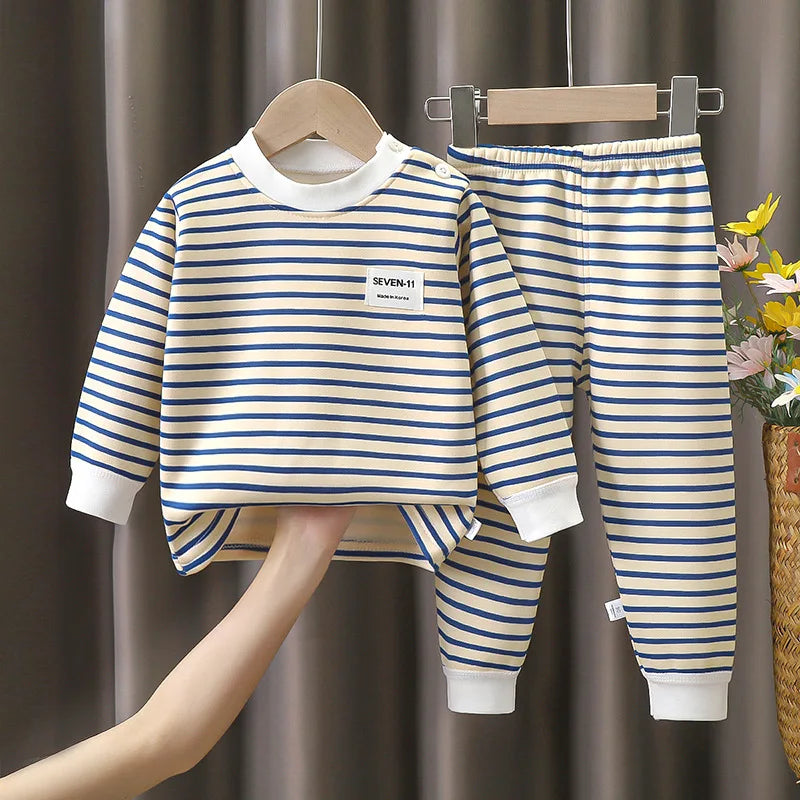Children's Striped Plush Pyjama Set – Warm Top & Trousers, Ages 0–5