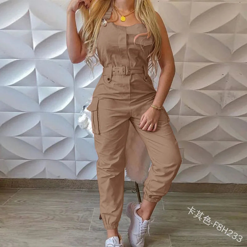 Women's Sleeveless Cargo Jumpsuit – Casual Ankle-Tie Playsuit